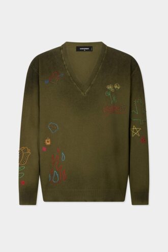 Handgemaakte pullover met V-hals en krabbels