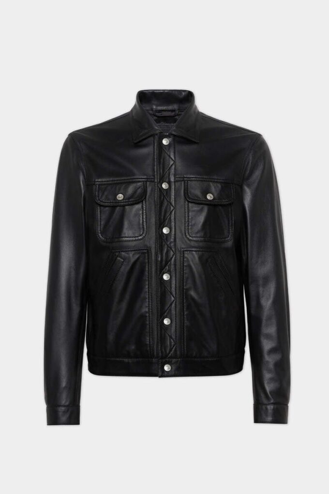 Lederen boxy Jeans-jasje Lederen boxy Jeans-jasje