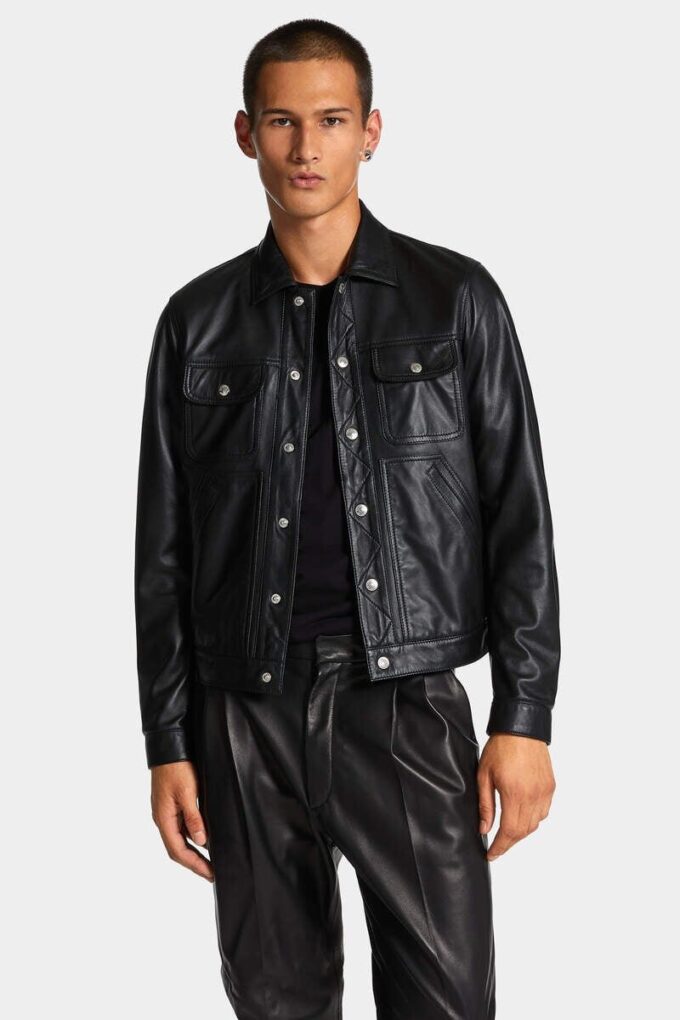 Lederen boxy Jeans-jasje Lederen boxy Jeans-jasje