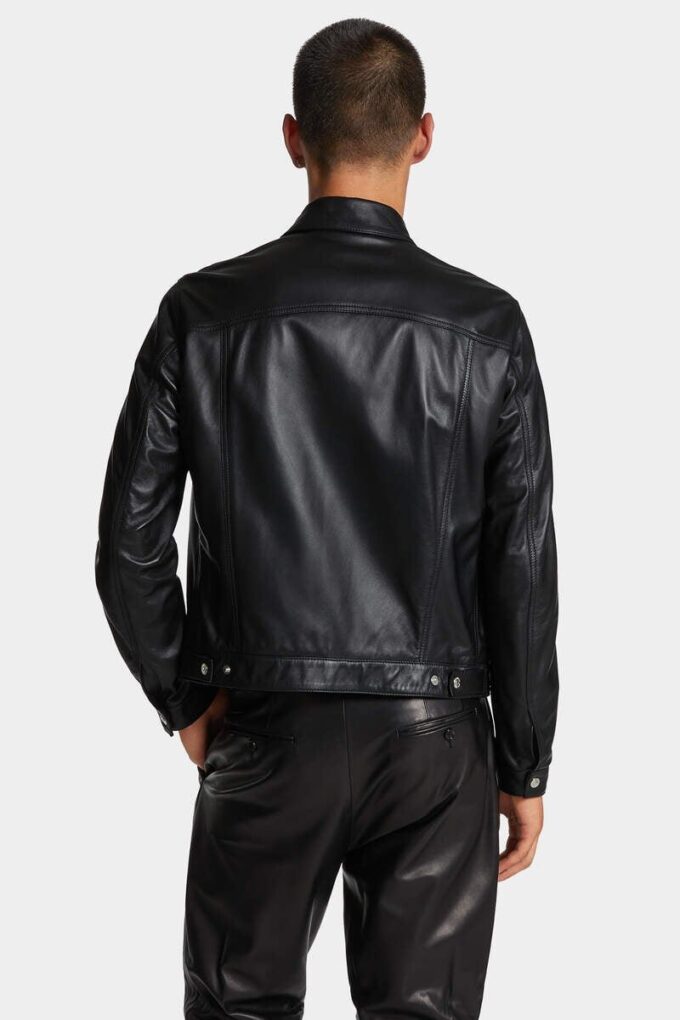 Lederen boxy Jeans-jasje Lederen boxy Jeans-jasje