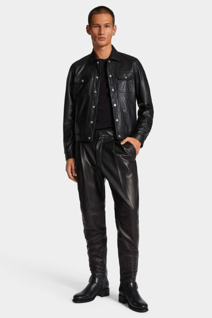 Lederen boxy Jeans-jasje Lederen boxy Jeans-jasje