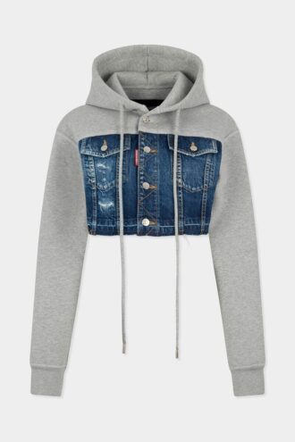 Medium gescheurde wassing denim mix cropped hybride hoodie Medium gescheurde wassing denim mix cropped hybride hoodie