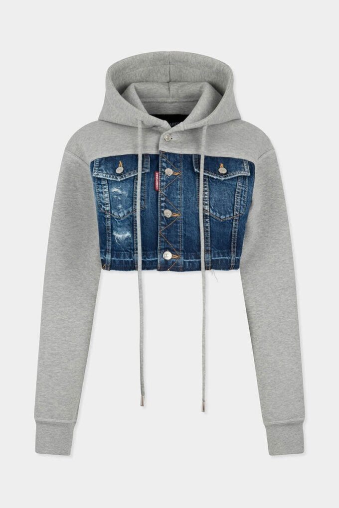 Medium gescheurde wassing denim mix cropped hybride hoodie Medium gescheurde wassing denim mix cropped hybride hoodie