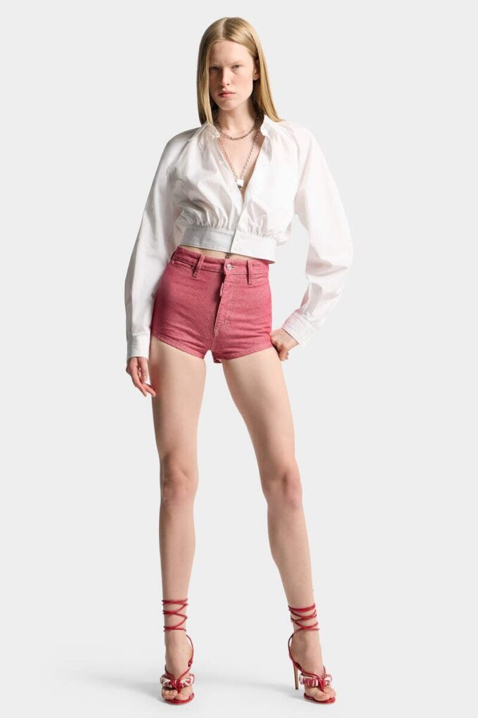Oxford-denim hotpants met hoge taille Oxford-denim hotpants met hoge taille
