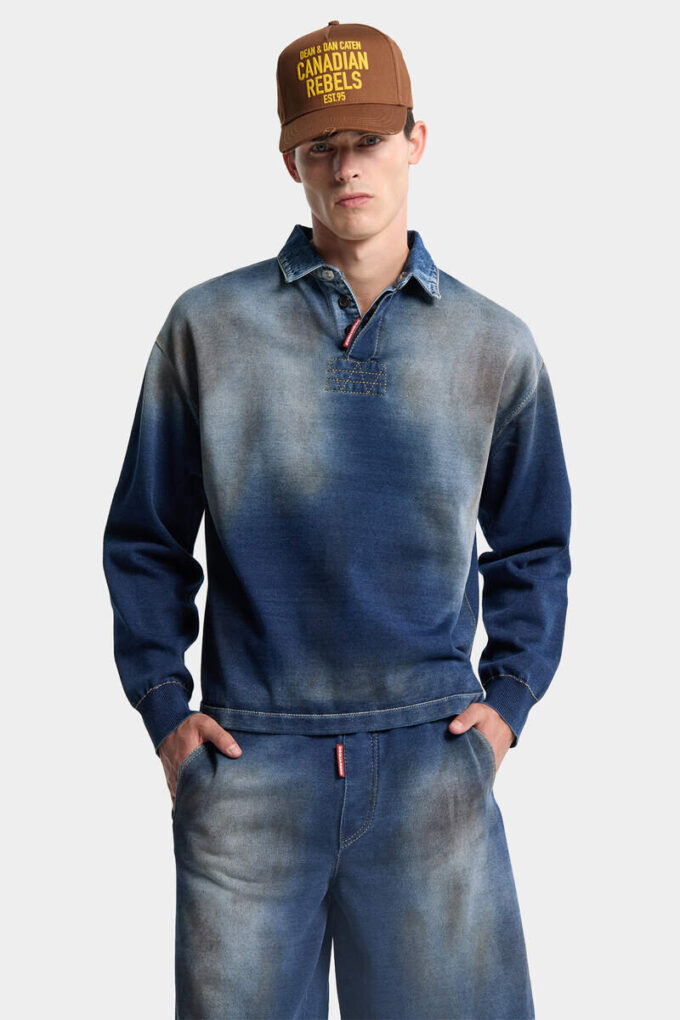 Polo met lange mouwen en denimeffect