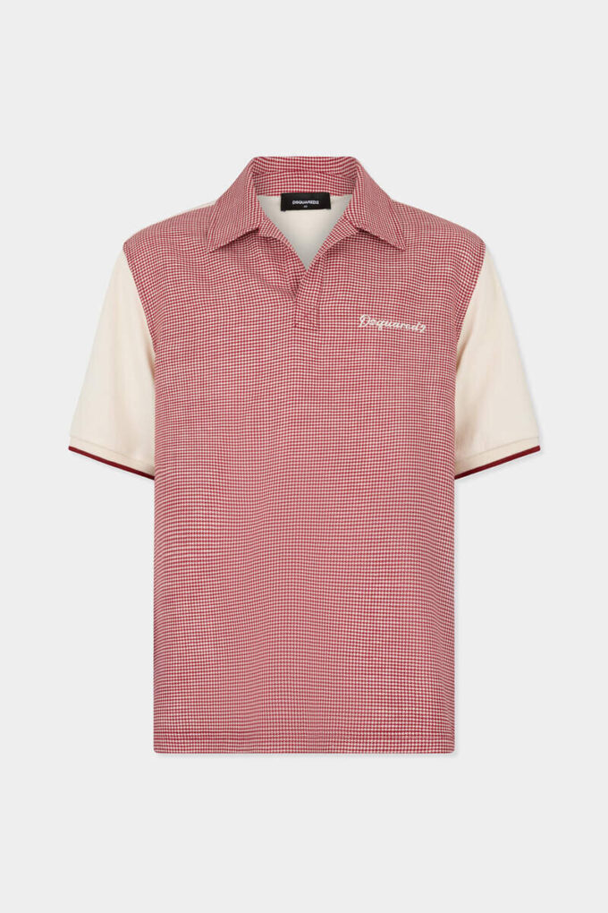 Polo van scheerwol en linnen met pied-de-poule-motief